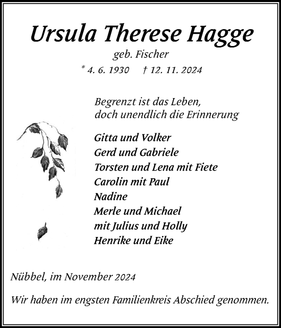 Traueranzeige von Ursula Therese Hagge von Schleswig-Holsteinische Landeszeitung