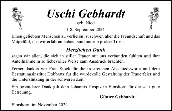 Traueranzeige von Uschi Gebhardt von Elmshorner Nachrichten, Barmstedter Zeitung