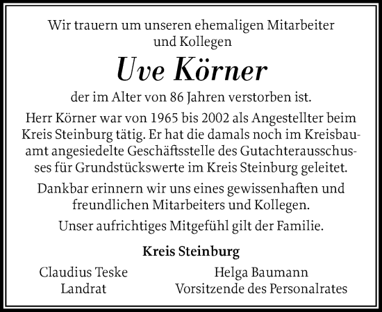 Traueranzeige von Uve Körner von Norddeutsche Rundschau, Wilstersche Zeitung, Glückstädter Fortuna