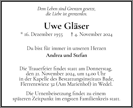 Traueranzeige von Uwe Gläser von Wedel-Schulauer Tageblatt, tip Wedel-Schulauer Tageblatt, tip Rissener Rundschau