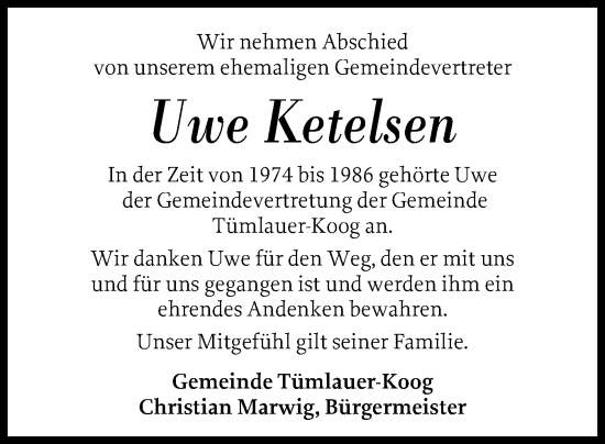 Traueranzeige von Uwe Ketelsen von Husumer Nachrichten, Nordfriesland Tageblatt