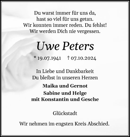 Traueranzeige von Uwe Peters von Norddeutsche Rundschau, Wilstersche Zeitung, Glückstädter Fortuna