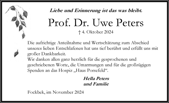 Traueranzeige von Uwe Peters von Schleswig-Holsteinische Landeszeitung