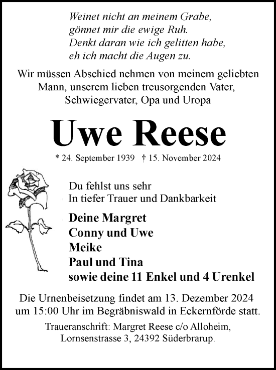 Traueranzeige von Uwe Reese von Eckernförder Zeitung, Hallo Eckernförde