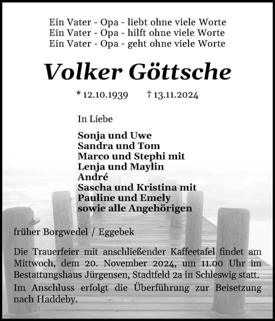 Traueranzeige von Volker Göttsche von Schleswiger Nachrichten, Schlei-Bote