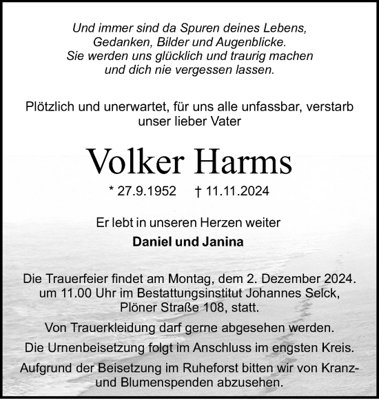 Traueranzeige von Volker Harms von Holsteinischer Courier