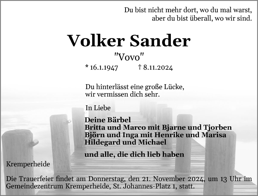  Traueranzeige für Volker Sander vom 16.11.2024 aus Norddeutsche Rundschau, Wilstersche Zeitung, Glückstädter Fortuna