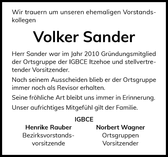 Traueranzeige von Volker Sander von Norddeutsche Rundschau, Wilstersche Zeitung, Glückstädter Fortuna