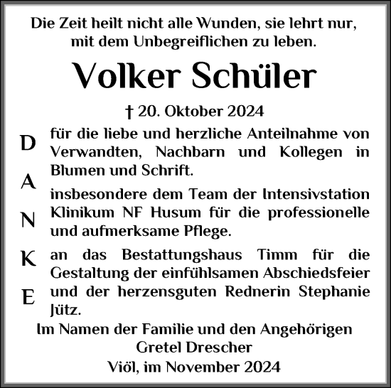 Traueranzeige von Volker Schüler von Husumer Nachrichten, Nordfriesland Tageblatt