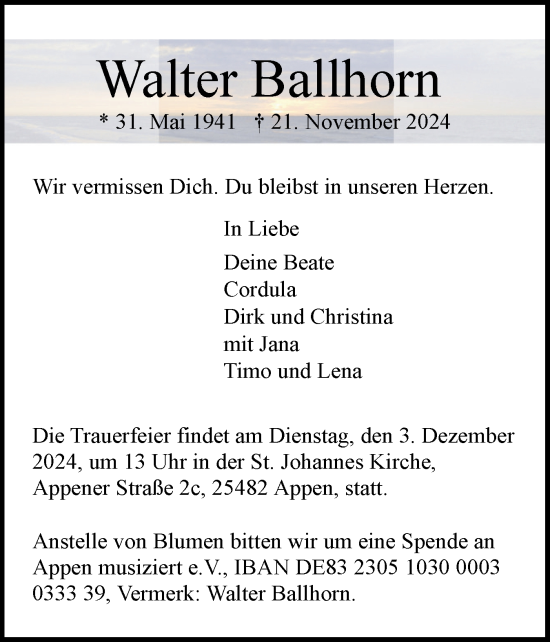 Traueranzeige von Walter Ballhorn von Region Pinneberg und tip Pinneberg