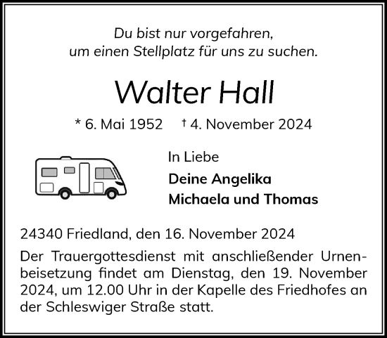 Traueranzeige von Walter Hall von Eckernförder Zeitung, Hallo Eckernförde