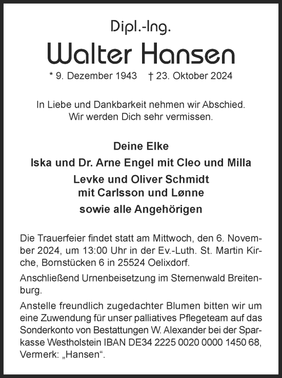 Traueranzeige von Walter Hansen von Norddeutsche Rundschau, Wilstersche Zeitung, Glückstädter Fortuna