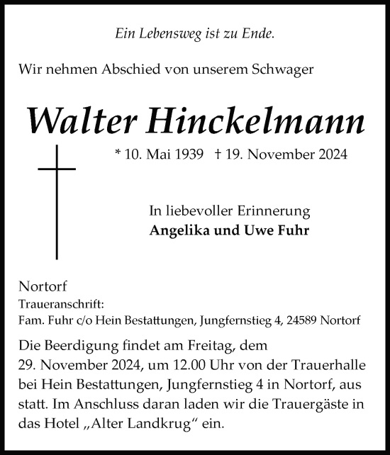 Traueranzeige von Walter Hinckelmann von Schleswig-Holsteinische Landeszeitung