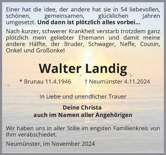 Traueranzeige von Walter Landig von Holsteinischer Courier