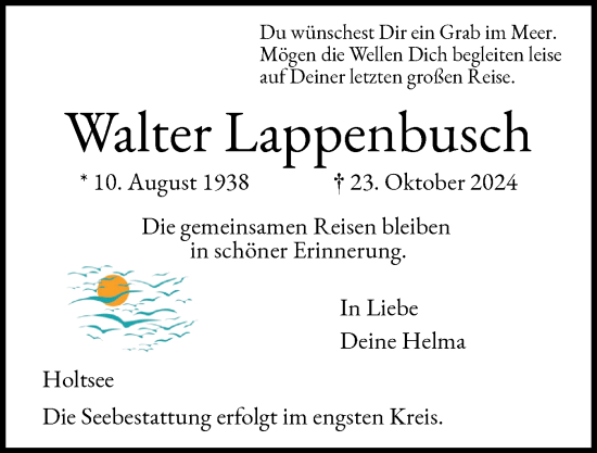 Traueranzeige von Walter Lappenbusch von Eckernförder Zeitung, Hallo Eckernförde