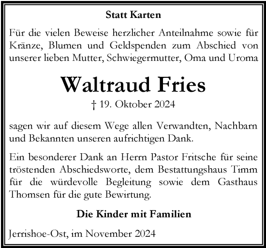 Traueranzeige von Waltraud Fries von Flensburger Tageblatt, Schleswiger Nachrichten, Schlei-Bote