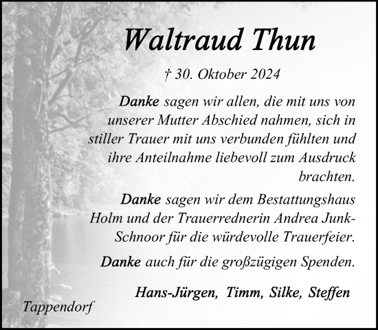Traueranzeige von Waltraud Thun von Schleswig-Holsteinische Landeszeitung