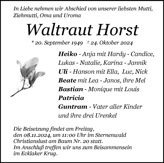 Traueranzeige von Waltraut Horst von Norddeutsche Rundschau, Wilstersche Zeitung, Glückstädter Fortuna