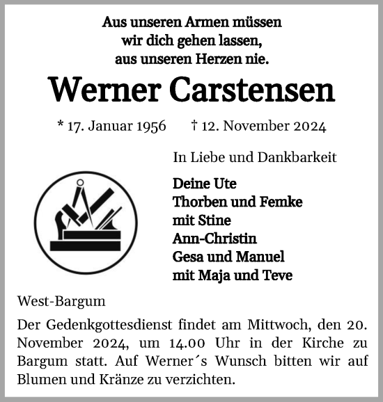 Traueranzeige von Werner Carstensen von Husumer Nachrichten, Nordfriesland Tageblatt