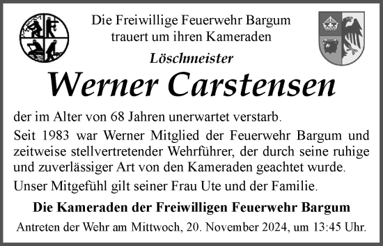 Traueranzeige von Werner Carstensen von Husumer Nachrichten, Nordfriesland Tageblatt