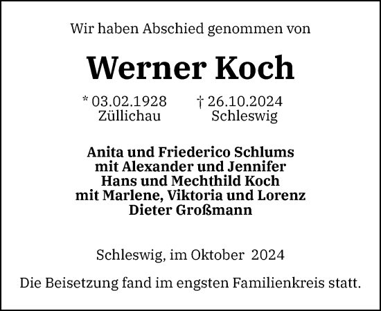 Traueranzeige von Werner Koch von Schleswiger Nachrichten, Schlei-Bote