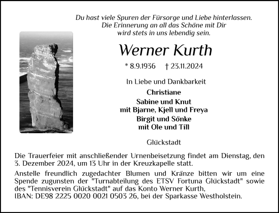 Traueranzeige von Werner Kurth von Norddeutsche Rundschau, Wilstersche Zeitung, Glückstädter Fortuna