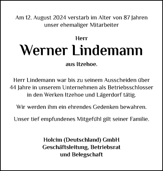 Traueranzeige von Werner Lindemann von Norddeutsche Rundschau, Wilstersche Zeitung, Glückstädter Fortuna