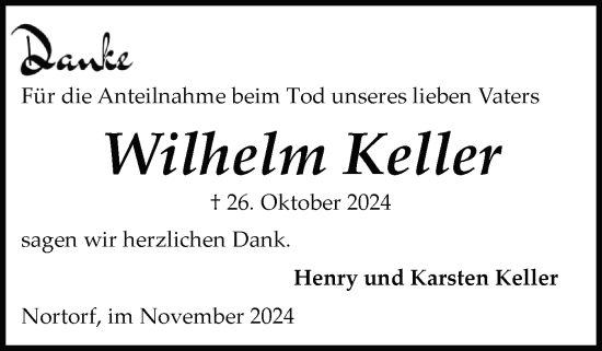 Traueranzeige von Wilhelm Keller von Schleswig-Holsteinische Landeszeitung