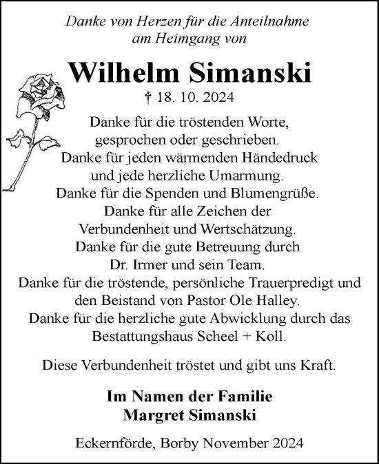 Traueranzeige von Wilhelm Simanski von Eckernförder Zeitung, Hallo Eckernförde