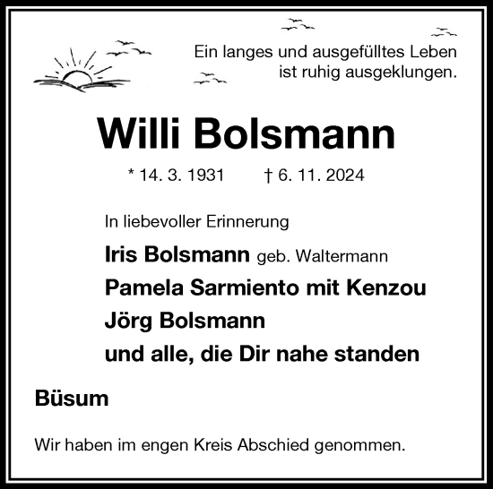 Traueranzeige von Willi Bolsmann von Sylter Rundschau