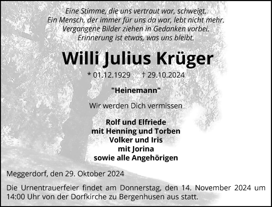 Traueranzeige von Willi Julius Krüger von Schleswig-Holsteinische Landeszeitung