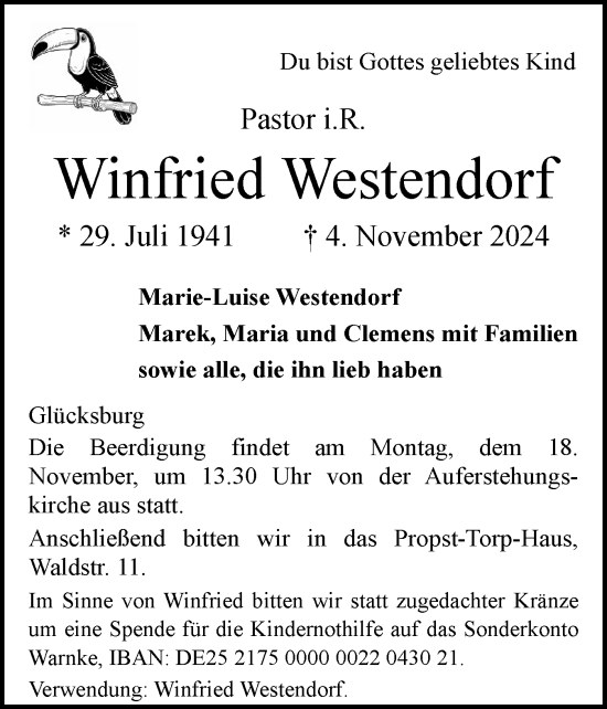 Traueranzeige von Winfried Westendorf von Flensburger Tageblatt