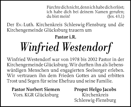 Traueranzeige von Winfried Westendorf von Flensburger Tageblatt