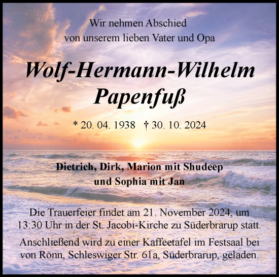 Traueranzeige von Wolf-Hermann-Wilhelm Papenfuß von Schleswiger Nachrichten, Schlei-Bote