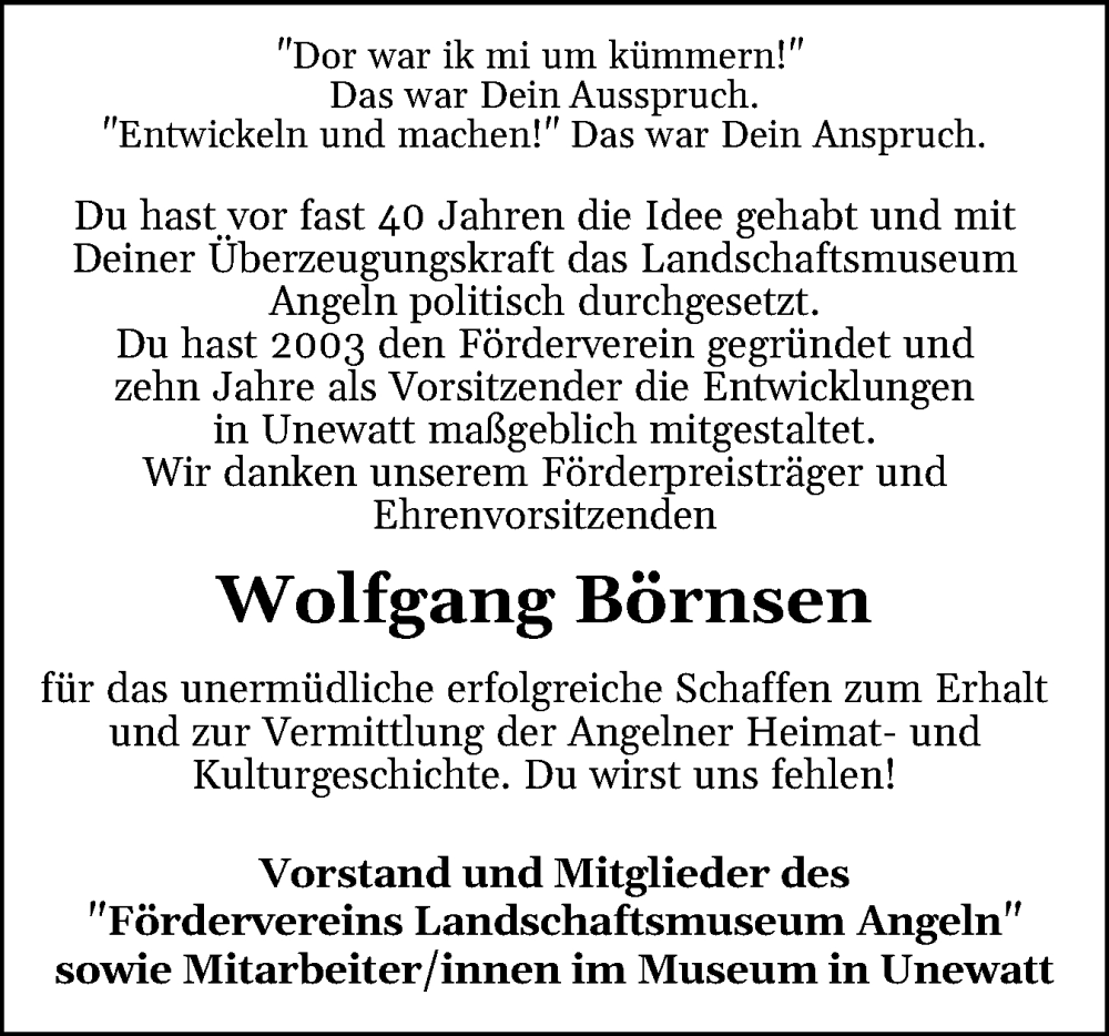  Traueranzeige für Wolfgang Börnsen vom 09.11.2024 aus Flensburger Tageblatt, Schleswiger Nachrichten, Schlei-Bote