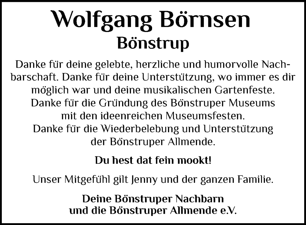  Traueranzeige für Wolfgang Börnsen vom 13.11.2024 aus Flensburger Tageblatt