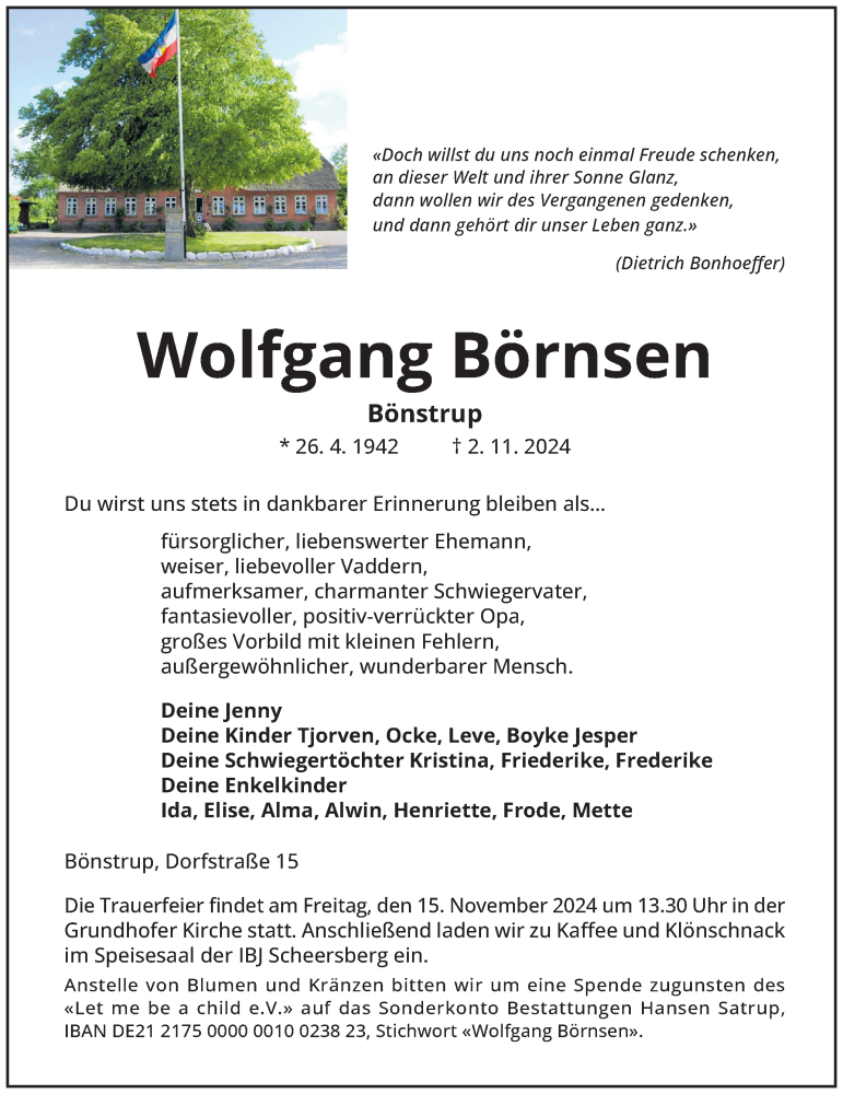  Traueranzeige für Wolfgang Börnsen vom 09.11.2024 aus Region Flensburg