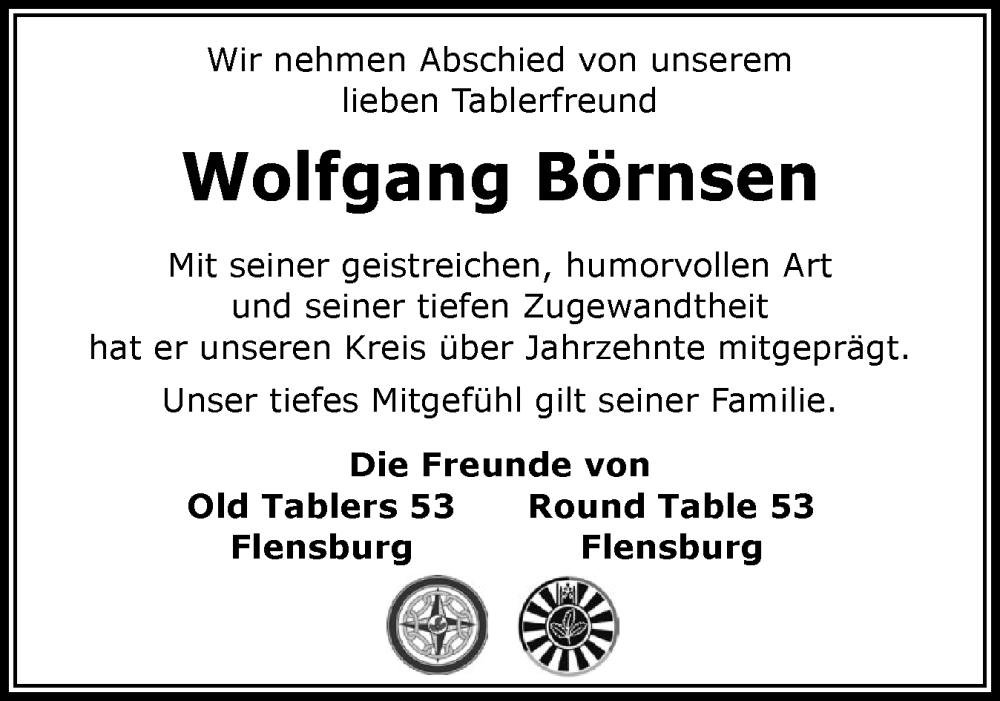  Traueranzeige für Wolfgang Börnsen vom 09.11.2024 aus Flensburger Tageblatt