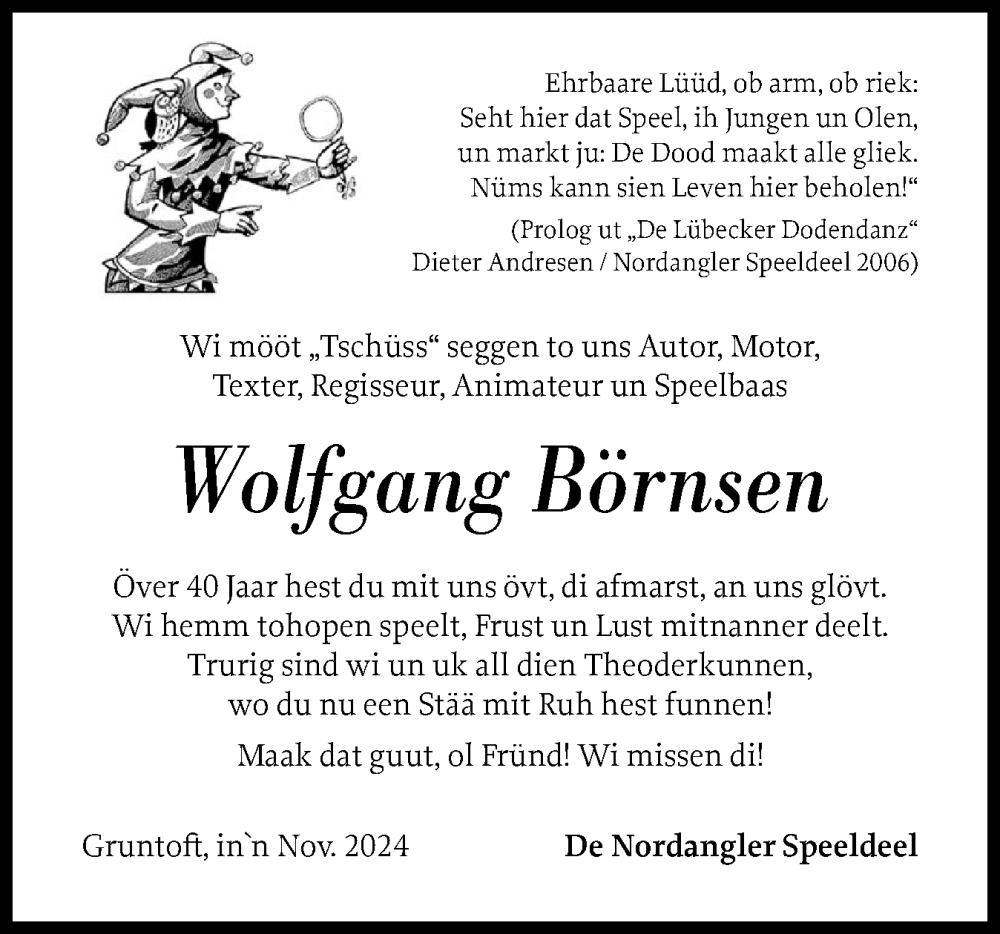  Traueranzeige für Wolfgang Börnsen vom 09.11.2024 aus Flensburger Tageblatt