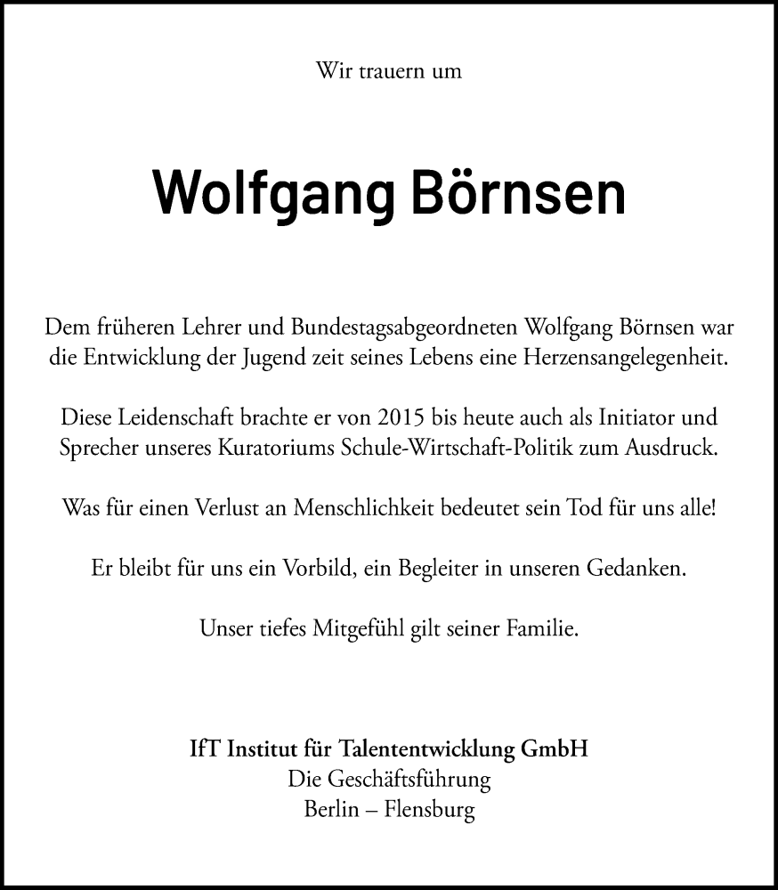  Traueranzeige für Wolfgang Börnsen vom 09.11.2024 aus Flensburger Tageblatt