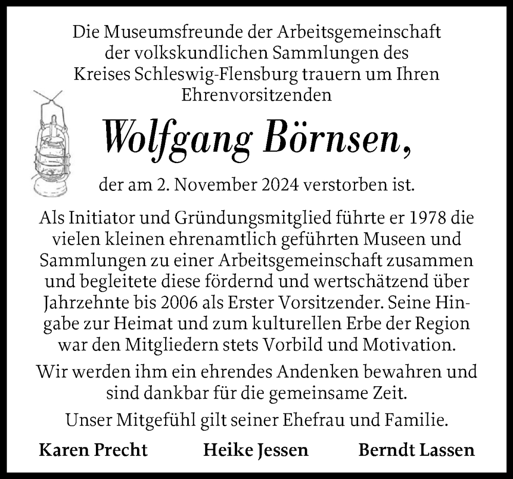  Traueranzeige für Wolfgang Börnsen vom 09.11.2024 aus Flensburger Tageblatt, Schleswiger Nachrichten, Schlei-Bote