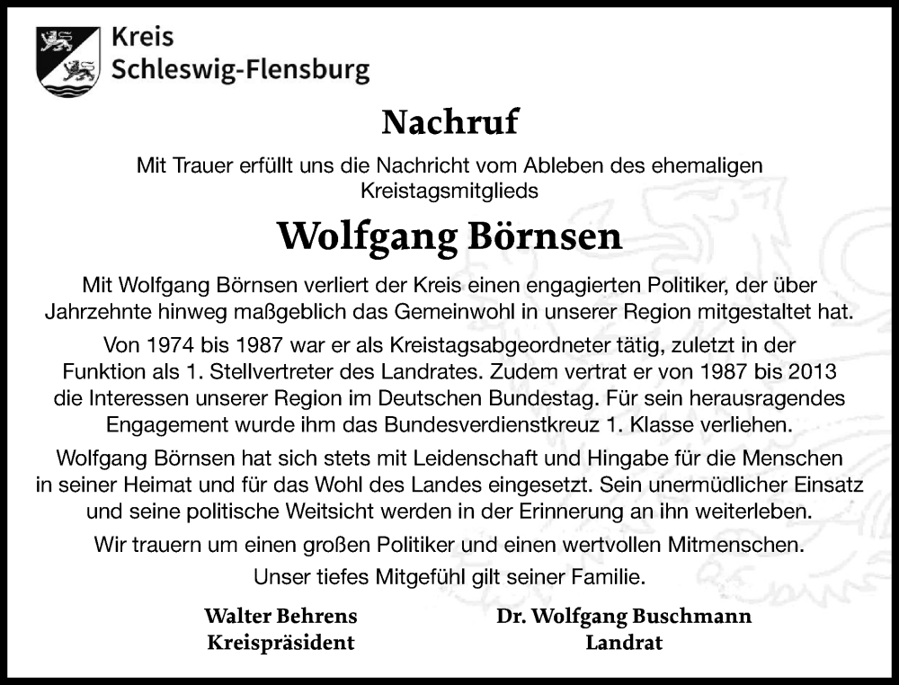  Traueranzeige für Wolfgang Börnsen vom 14.11.2024 aus Flensburger Tageblatt