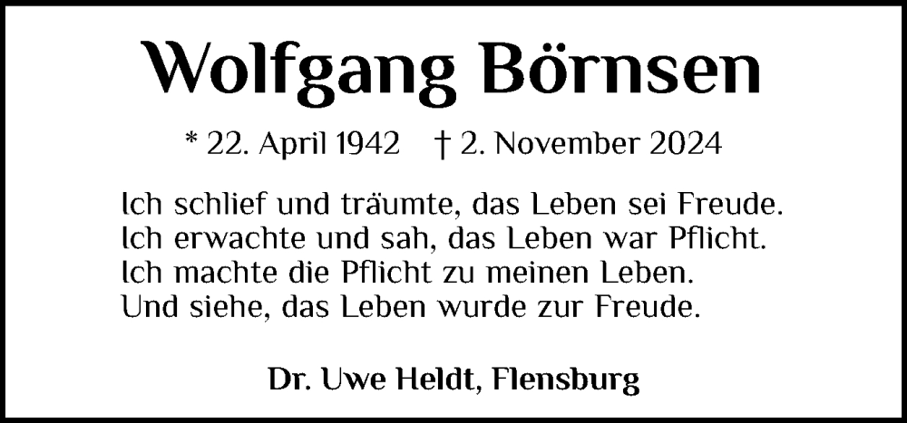  Traueranzeige für Wolfgang Börnsen vom 13.11.2024 aus Flensburger Tageblatt