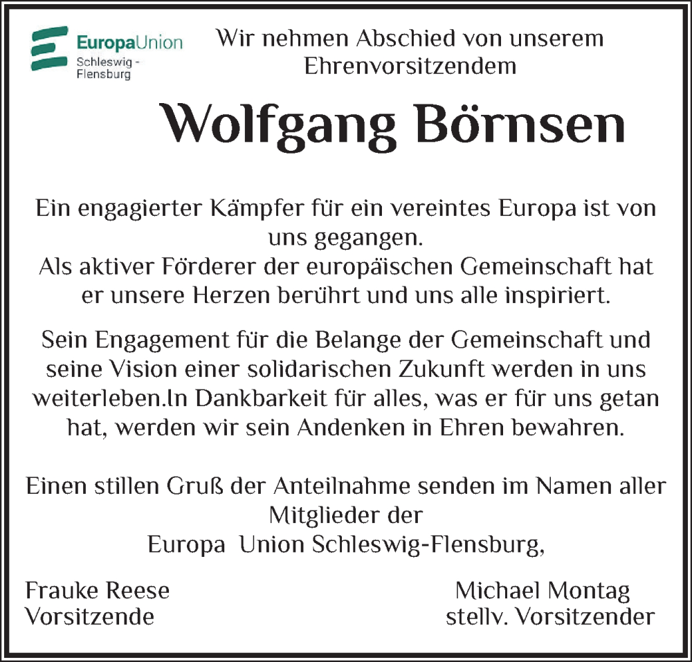  Traueranzeige für Wolfgang Börnsen vom 09.11.2024 aus Flensburger Tageblatt