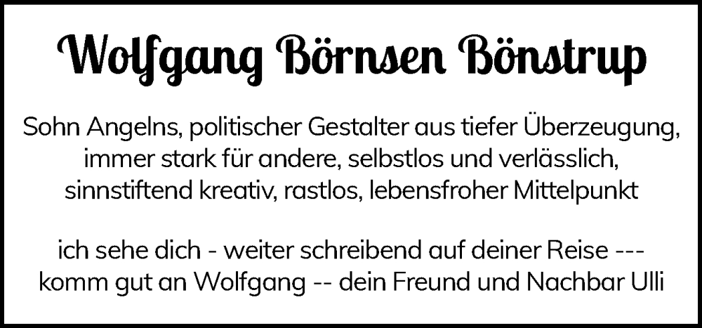  Traueranzeige für Wolfgang Börnsen vom 09.11.2024 aus Flensburger Tageblatt