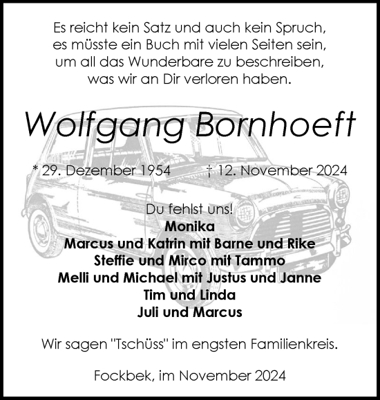 Traueranzeige von Wolfgang Bornhoeft von Schleswig-Holsteinische Landeszeitung