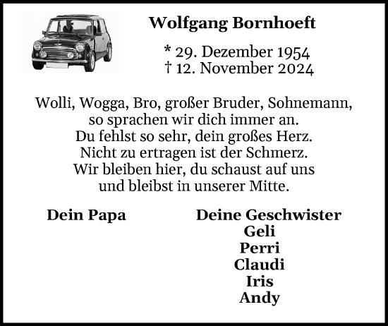 Traueranzeige von Wolfgang Bornhoeft von Schleswig-Holsteinische Landeszeitung