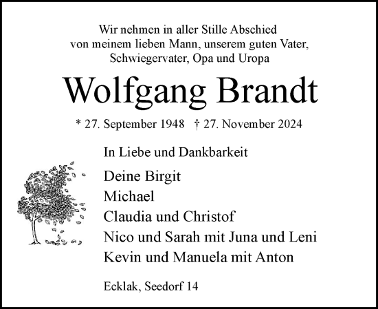 Traueranzeige von Wolfgang Brandt von Norddeutsche Rundschau, Wilstersche Zeitung, Glückstädter Fortuna