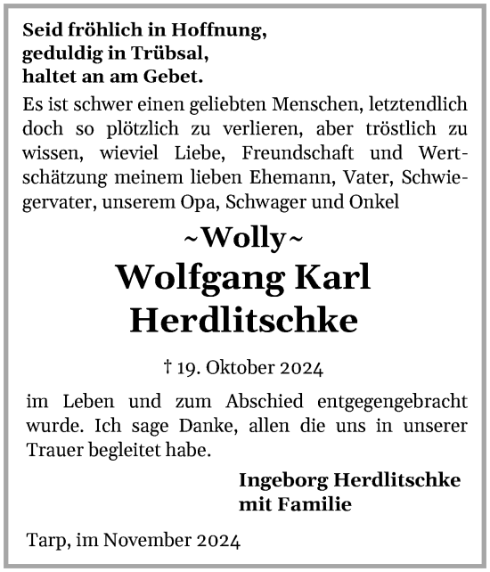 Traueranzeige von Wolfgang Herdlitschke von Sylter Rundschau