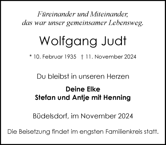 Traueranzeige von Wolfgang Judt von Schleswig-Holsteinische Landeszeitung